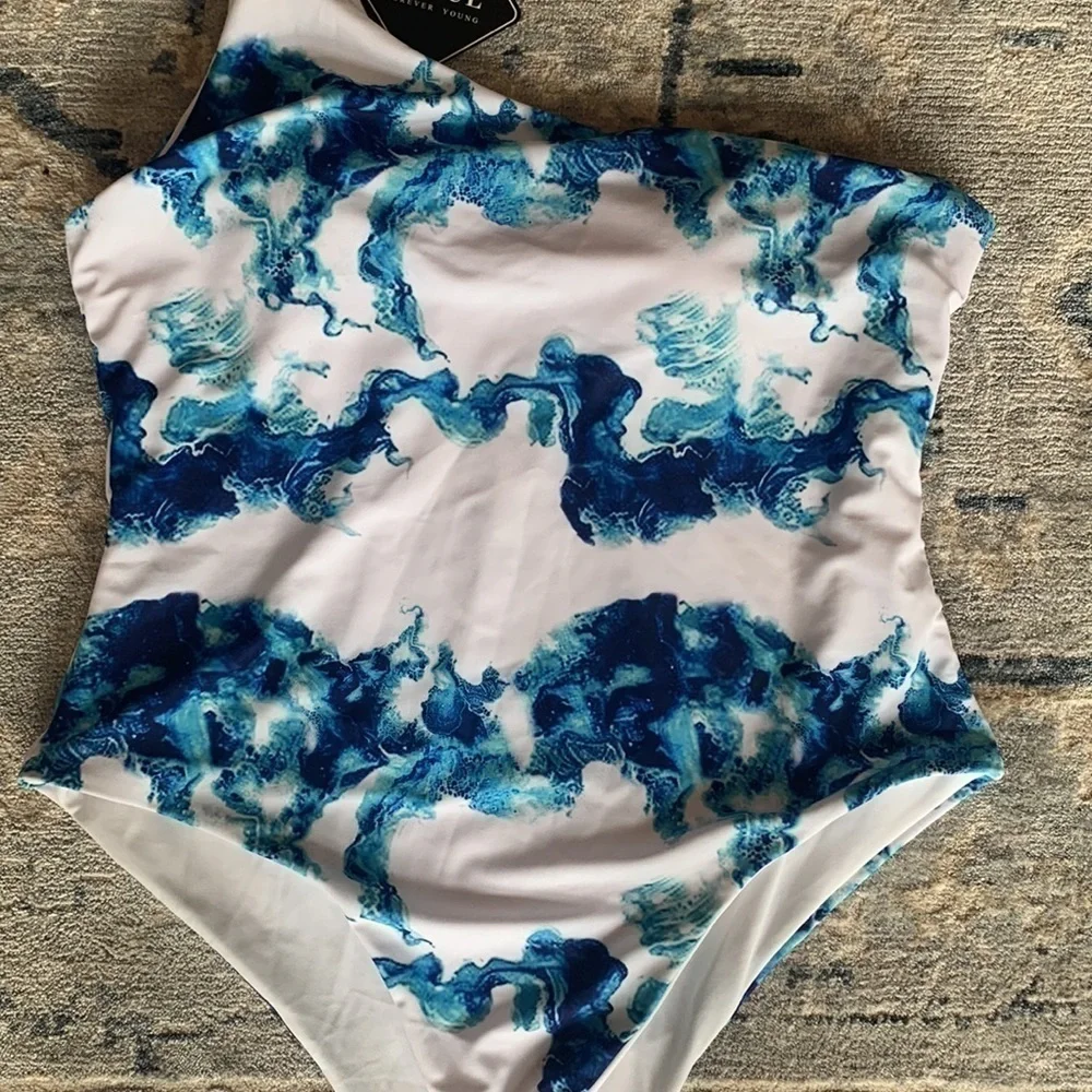 Nwt Zaful Ocean Wave Print one Shoulder One Piece Swimsuit - Picture 2 of 8